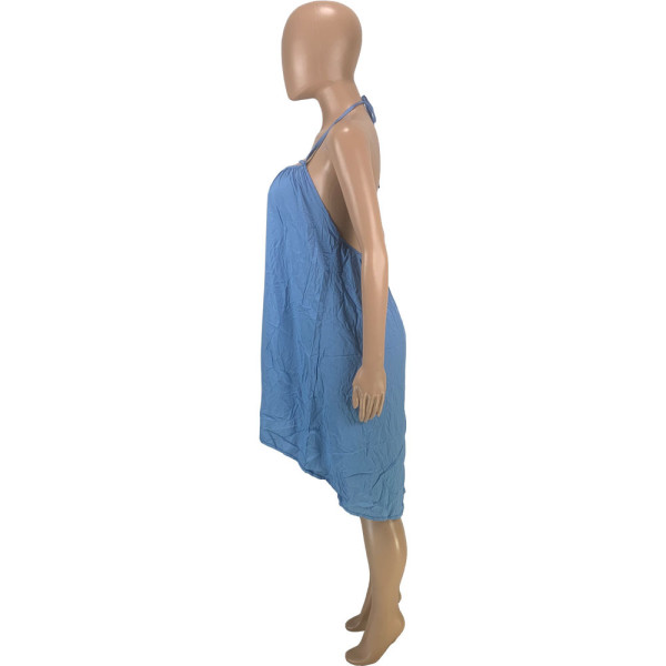 Women's Fashion Casual Sexy Solid Color Halter Strap Backless Loose Large Size Dress