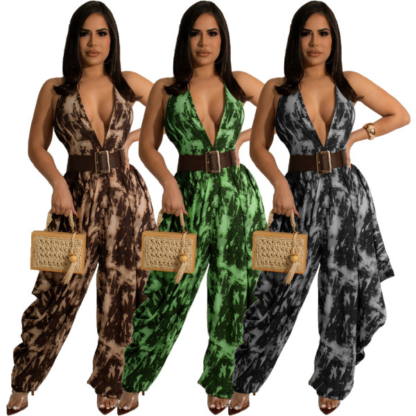 Deep V Halter Neck Backless Loose Jumpsuit