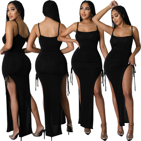 Sexy women's solid color smocked irregular suspender skirt