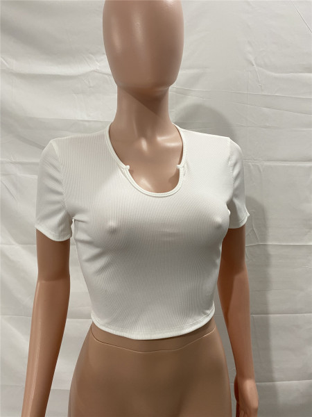 Concave neckline nightclub temperament casual ribbed short-sleeved top