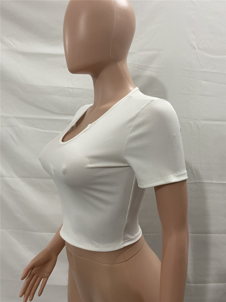 Concave neckline nightclub temperament casual ribbed short-sleeved top