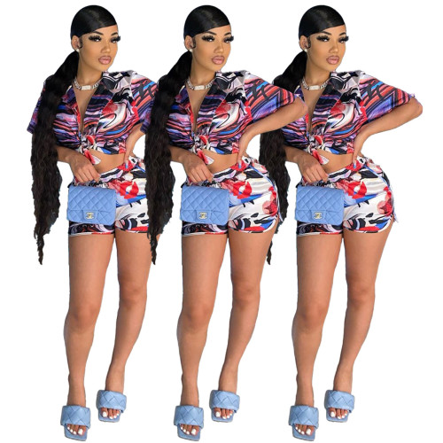 Summer tie short-sleeved top sexy hot pants two-piece set