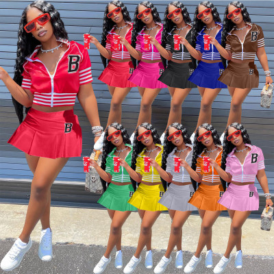 Women's Jacket Baseball Uniform Letter B Print Sports Skirt Set