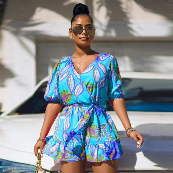 Sexy Ladies Summer Beach Sexy Print Half Sleeve Jumpsuit