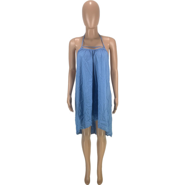 Women's Fashion Casual Sexy Solid Color Halter Strap Backless Loose Large Size Dress
