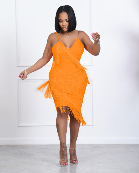 solid color sexy fringed dress