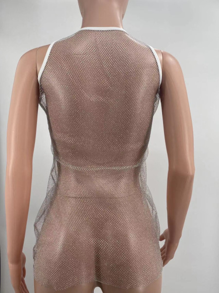 Sexy Women's Mesh stitching high-end sexy sleeveless ultralight dress