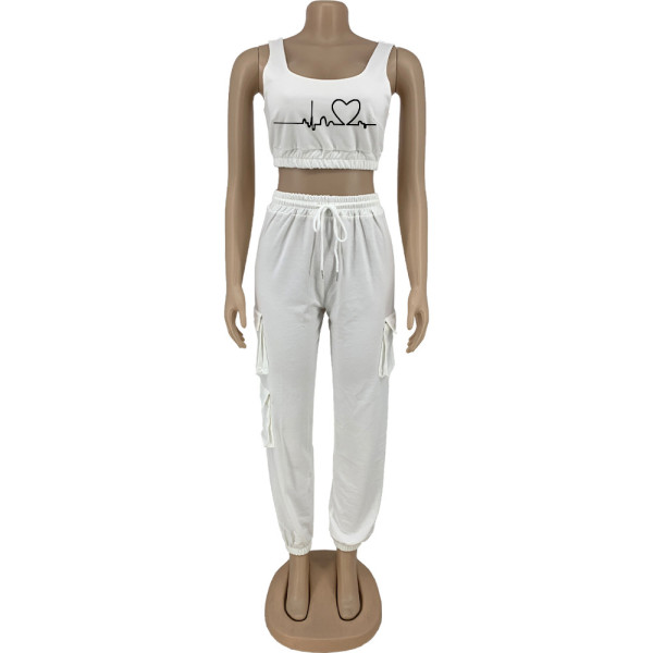 Printed Multi Pocket Tank Top Fashion Casual Suit Women's Two Piece