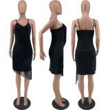 solid color sexy fringed dress