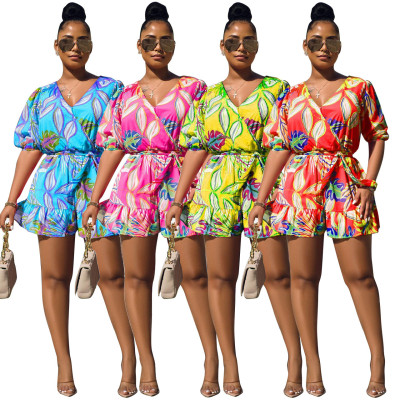 Sexy Ladies Summer Beach Sexy Print Half Sleeve Jumpsuit