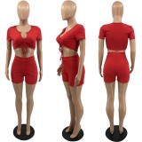 Two-piece set of solid color bow vest shorts