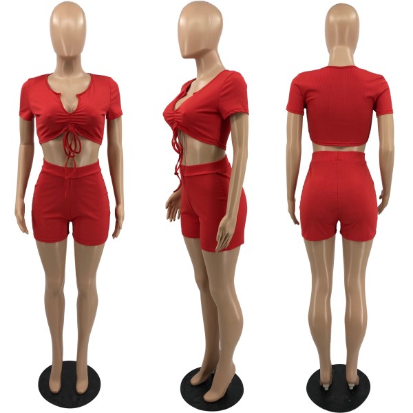 Two-piece set of solid color bow vest shorts