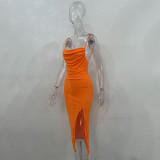 Solid Color Sling Sleeveless Low Cut High Waist Pleated Long Dress
