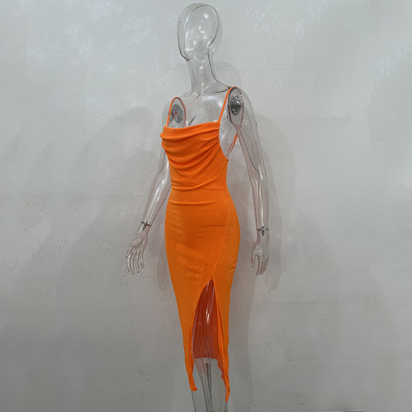 Solid Color Sling Sleeveless Low Cut High Waist Pleated Long Dress