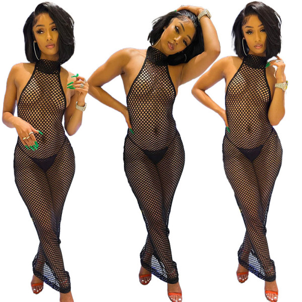 Sexy Cutout Knit Fishnet Bikini Cover Turtleneck Halter Maxi Dress