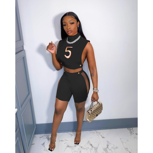 Digital Embroidered Turtleneck Tank Shorts Suit Sexy Cutout Nightclub Outfit