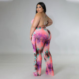 Beach Sexy Feature Print Swimsuit Mesh Three-piece Set