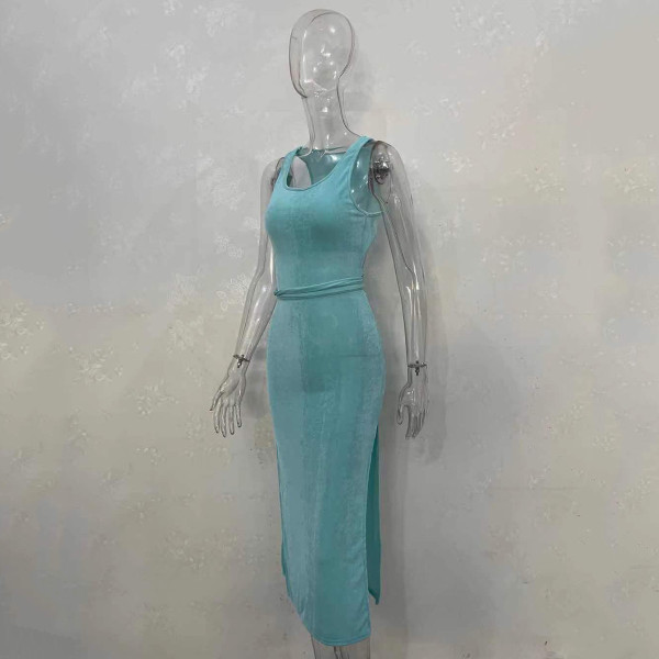 Casual Solid Color Sleeveless Tie Backless Slit Dress Women's