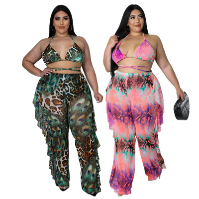Beach Sexy Feature Print Swimsuit Mesh Three-piece Set