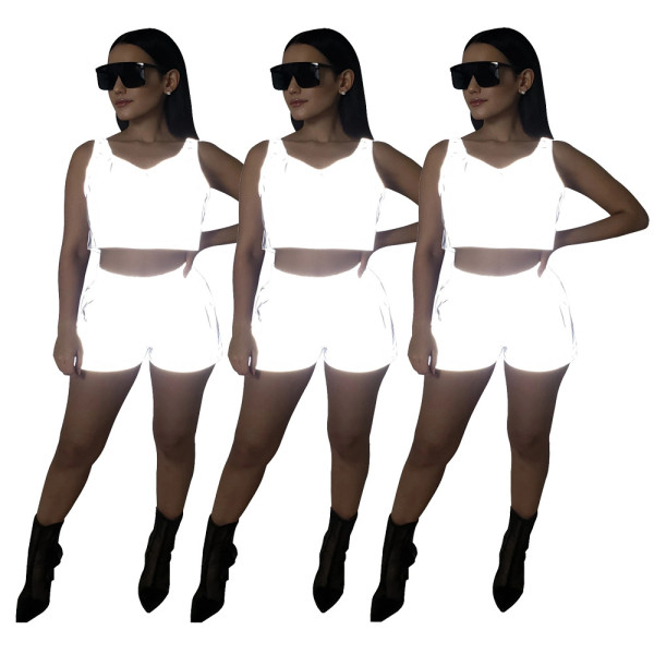 Fashion Sexy Nightclub Reflective Shorts Two-Piece Set
