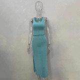 Casual Solid Color Sleeveless Tie Backless Slit Dress Women's