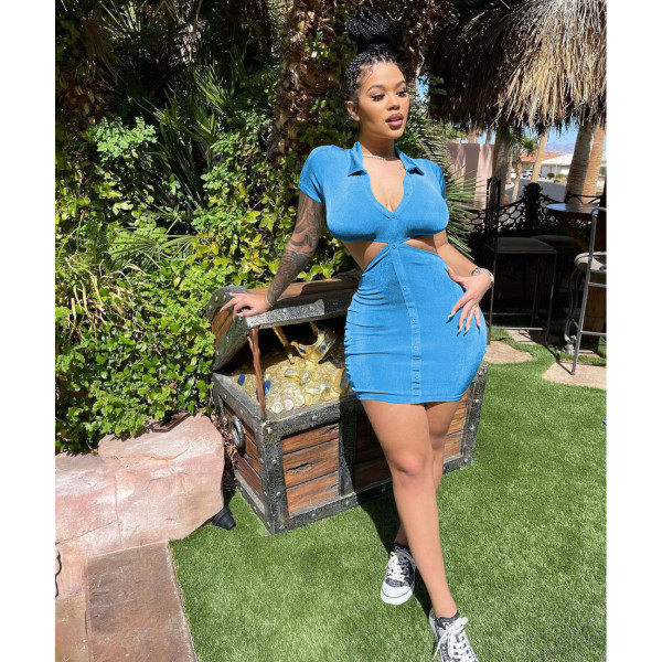 Solid Color Button Short Sleeve Dress Open Back Sexy Slim Nightclub Dress