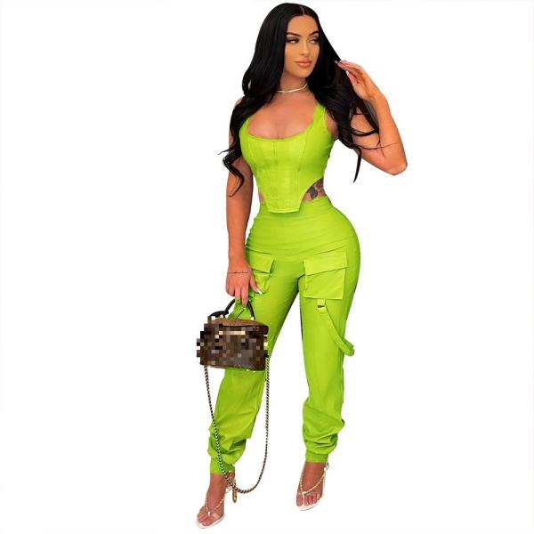 Fashion wrap chest high elastic PU leather jacket two-piece suit