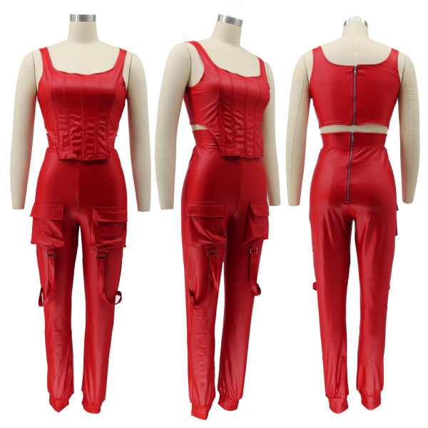 Fashion wrap chest high elastic PU leather jacket two-piece suit