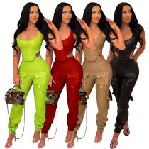 Fashion wrap chest high elastic PU leather jacket two-piece suit Fashion wrap chest high elastic PU leather jacket two-piece suit