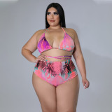 Beach Sexy Feature Print Swimsuit Mesh Three-piece Set