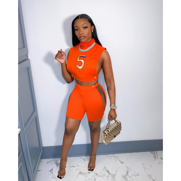 Digital Embroidered Turtleneck Tank Shorts Suit Sexy Cutout Nightclub Outfit