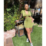 Solid Color Button Short Sleeve Dress Open Back Sexy Slim Nightclub Dress