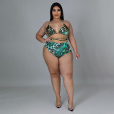 Beach Sexy Feature Print Swimsuit Mesh Three-piece Set
