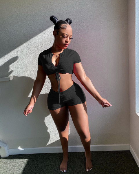 Two-piece set of solid color bow vest shorts