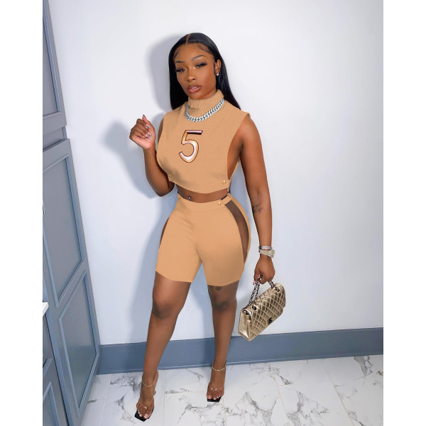 Digital Embroidered Turtleneck Tank Shorts Suit Sexy Cutout Nightclub Outfit