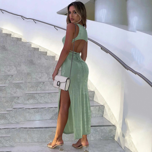 Casual Solid Color Sleeveless Tie Backless Slit Dress Women's