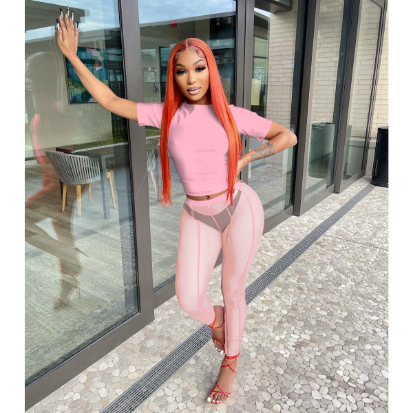 Short-sleeved mesh pants two-piece sexy see-through solid color sports suit
