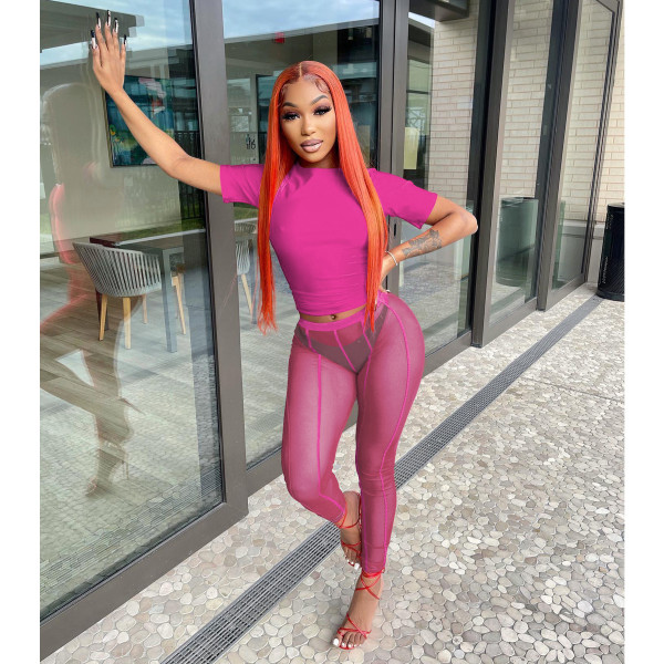 Short-sleeved mesh pants two-piece sexy see-through solid color sports suit