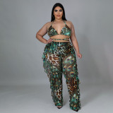 Beach Sexy Feature Print Swimsuit Mesh Three-piece Set