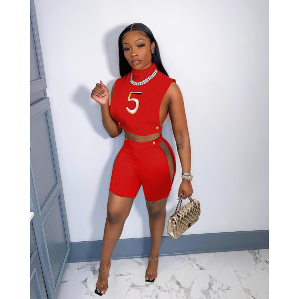 Digital Embroidered Turtleneck Tank Shorts Suit Sexy Cutout Nightclub Outfit
