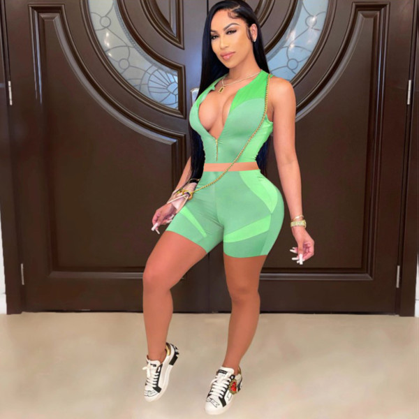 Fashion Slim Zip Print Sleeveless Two Piece