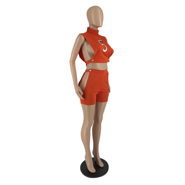 Digital Embroidered Turtleneck Tank Shorts Suit Sexy Cutout Nightclub Outfit