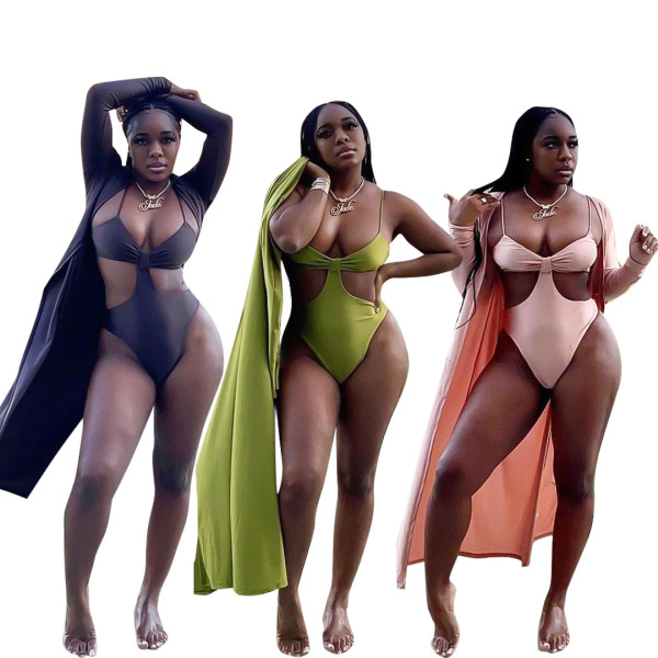 Sexy Elastic Swimsuit Sunscreen Solid Color Two Piece Set