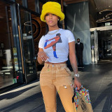Printed Round Neck Cropped Navel Short Sleeve Casual T-Shirt Top Women
