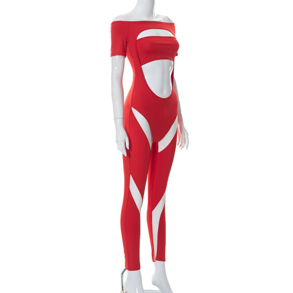 One-shoulder short-sleeve leak navel skinny trousers jumpsuit