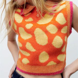 Fashion Contrast Slim Fit Lapel Single Breasted Sleeveless Knit Top