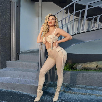 Sexy Sleeveless Vest Sling Top Splicing Mesh Trousers Suit Women