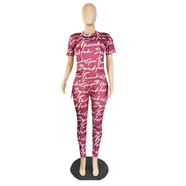 Two-piece printed short-sleeve side-tie trousers
