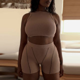 Solid Color Crew Neck Vest High Waist Casual Shorts Set