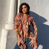 Women's sexy fungus edge stitching irregular long-sleeved low-cut printed lace-up top women